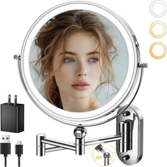 9" Wall Mounted Lighted Makeup Mirror,4000mAh Rechargeable Double Sided 1X/10X Magnifying Mirror with Light,3 Color Lights, Dimmable,Extended Arm 360 Rotation Wall Mounted Makeup Mirror