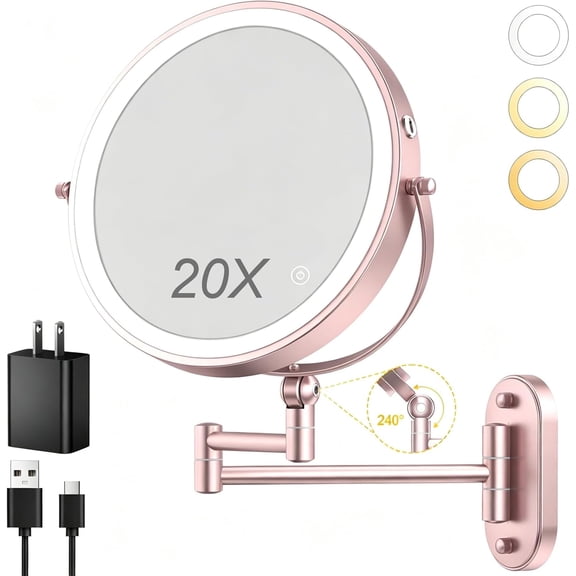 9" Wall Mounted Lighted Makeup Mirror,4000mAh Rechargeable Double Sided 1X/20X Magnifying Mirror with Light,Touch Dimmable,Extended Arm 360 Rotation Wall Mounted Makeup Mirror 3 Color Lights-Gold