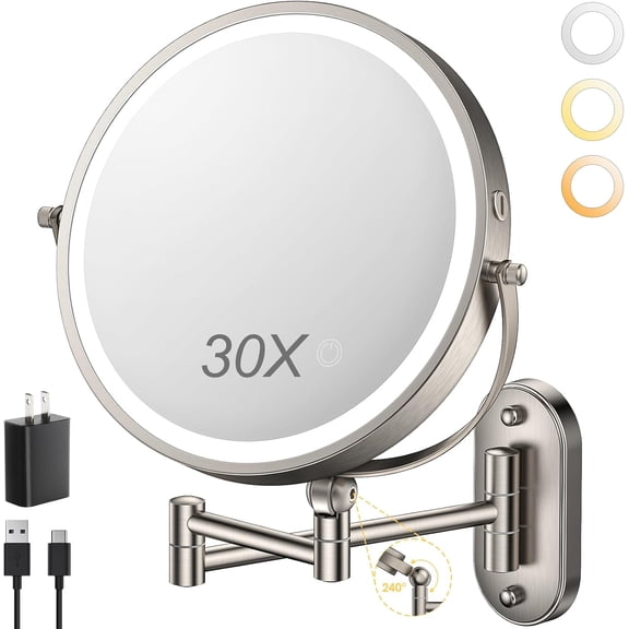 9" Wall Mounted Lighted Makeup Mirror,4000mAh Rechargeable Double Sided 1X/30X Magnifying Mirror with Light,Touch Dimmable,Extended Arm 360 Rotation 3 Color Lights-N