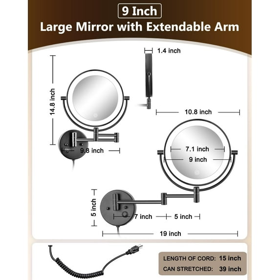 9" Wall Mounted Lighted Makeup Mirror with 1X/10X Magnifying, 3 Color LED Vanity Mirror, Touch Dimmable 360° Swivel for Bathroom