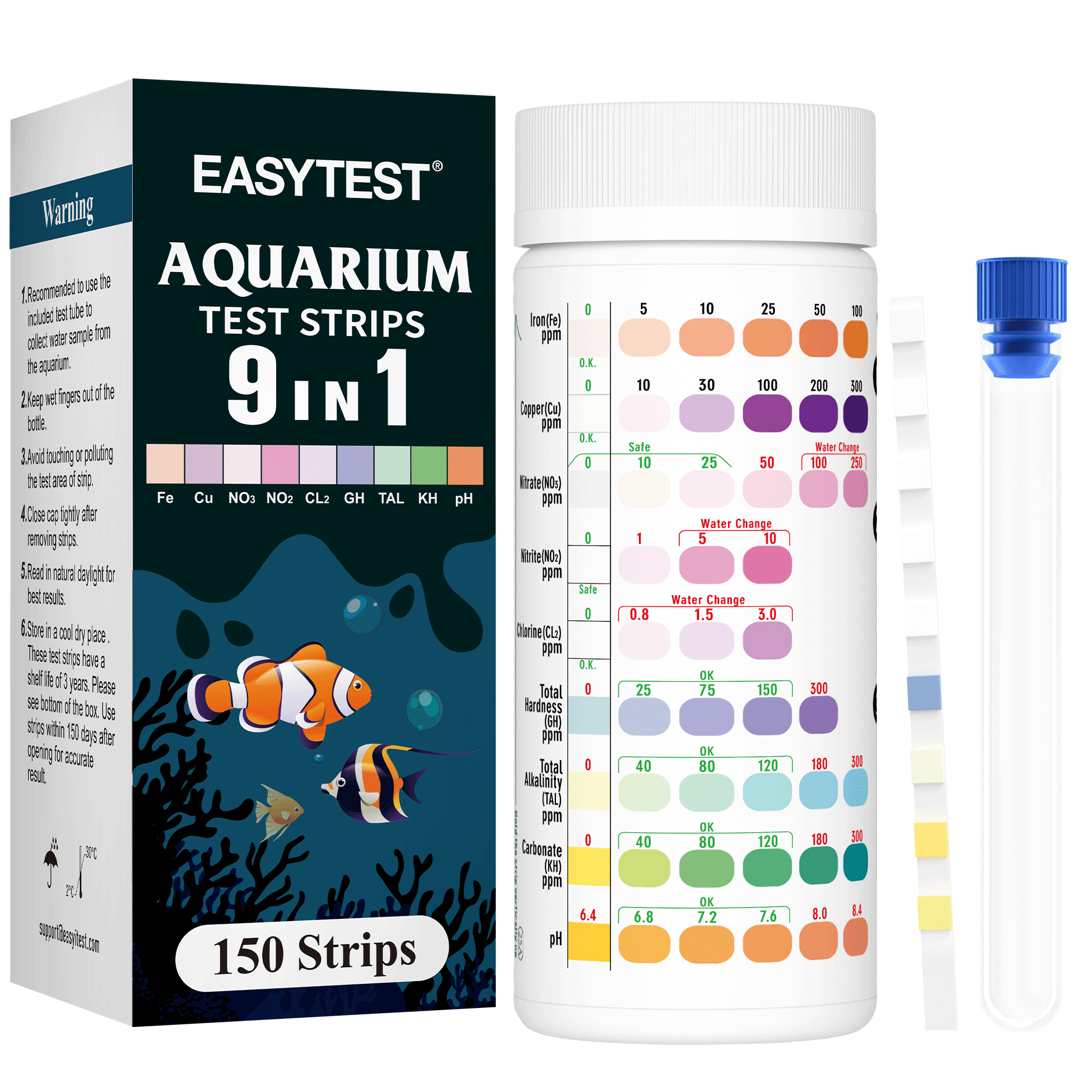 9-Way Aquarium Test Strips - 150 Aquarium Water Test Kit Fish Tank Test Kit Quick & Accurate Testing Iron Copper Nitrate Nitrite Chlorine Total Hardness Total Alkalinity Carbonate pH