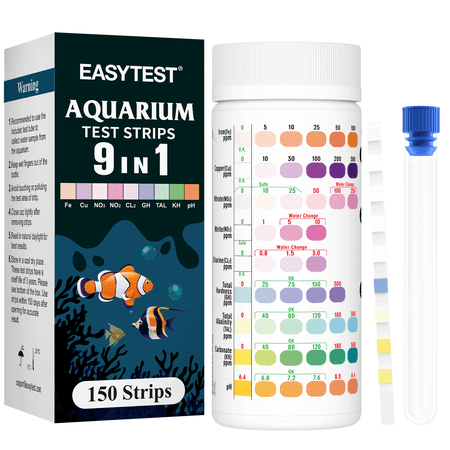 9-Way Aquarium Test Strips - 150 Aquarium Water Test Kit Fish Tank Test Kit Quick & Accurate Testing Iron Copper Nitrate Nitrite Chlorine Total Hardness Total Alkalinity Carbonate pH