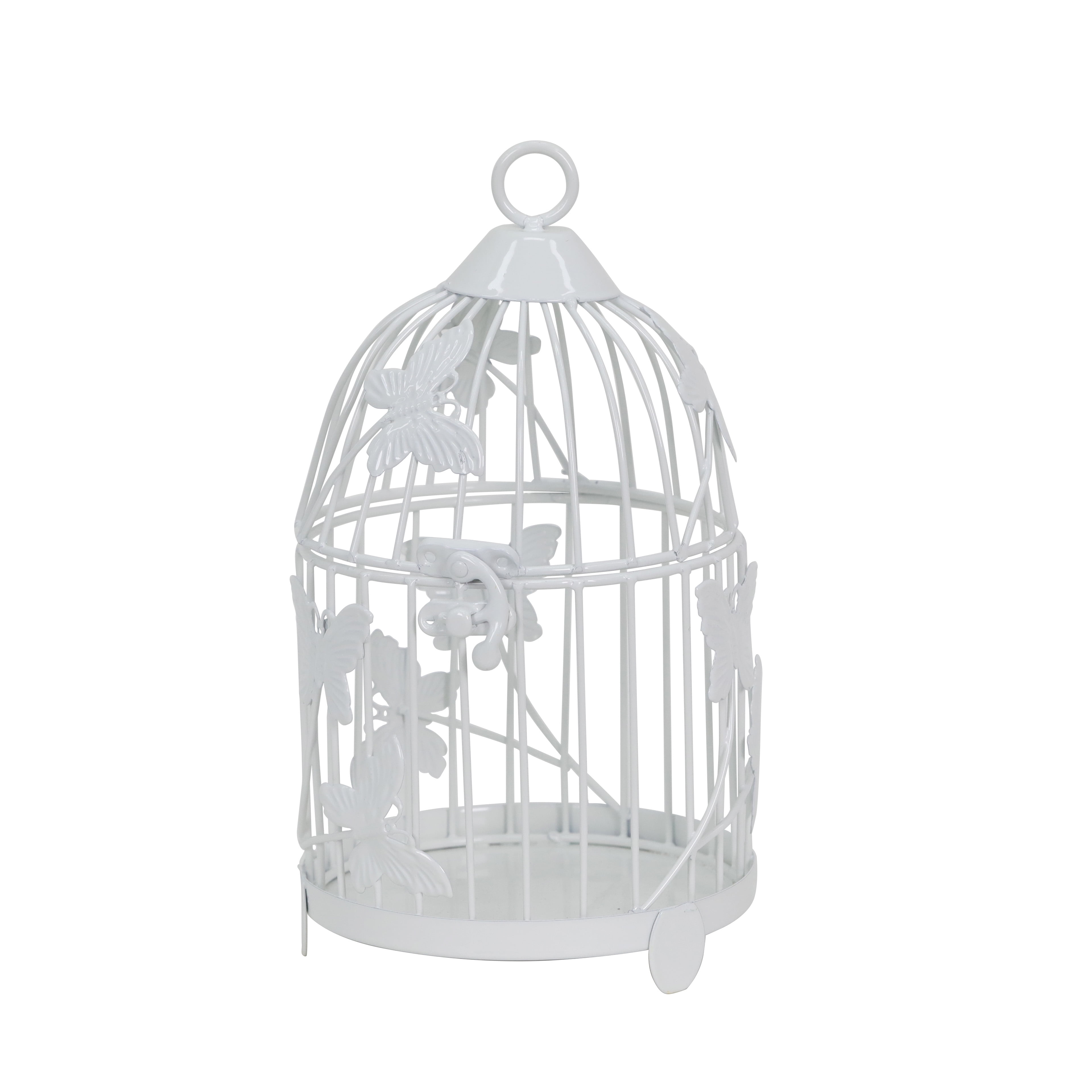 9" White Metal Birdcage Tabletop Decor with Butterfly Accents