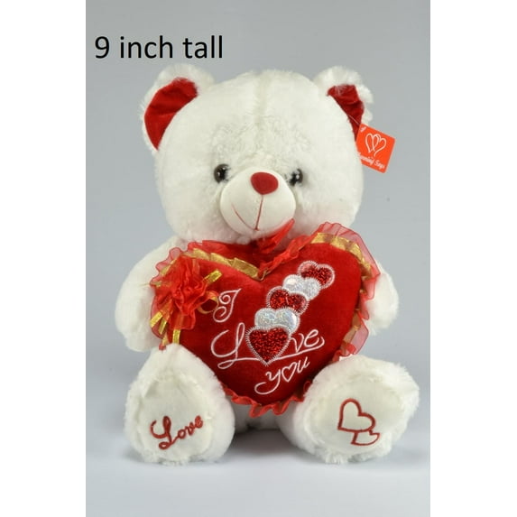 9" White Musical Valentines Teddy Bear with Red "I Love You" Heart - Plays Music Melody Cute