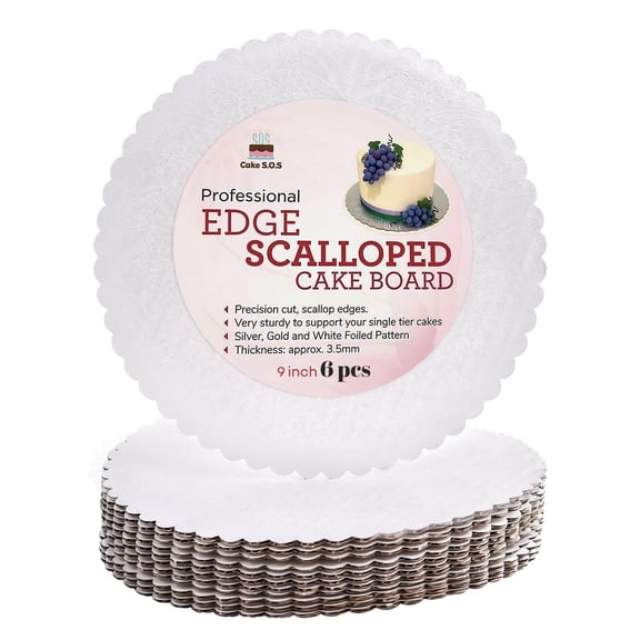 Cake S.O.S 9 inch White Scalloped Edge Corrugated Cardboard Cake Boards, 6-Pack