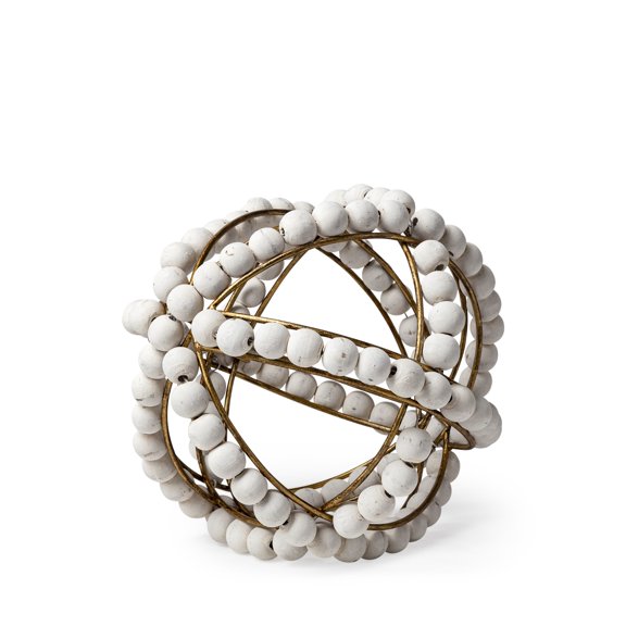 9" White Wooden Bead and Gold Orb Sculpture