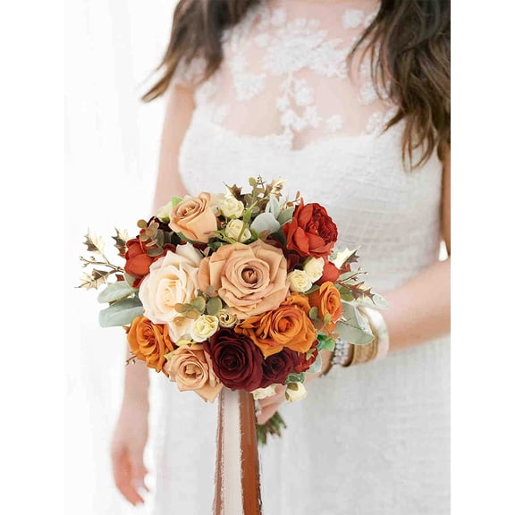 9" Wide Burnt Orange Wedding Bouquet for Bride Rustic Terracotta Artificial Flowers Bridal Bridesmaid Bouquet Prom
