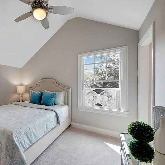 9 Window Fan with Remote Control, 3 Speed Dual Fans with Auto-Locking Expanders, 3 Modes (Cool, Circulate, Exhaust), Fabric Cover, White