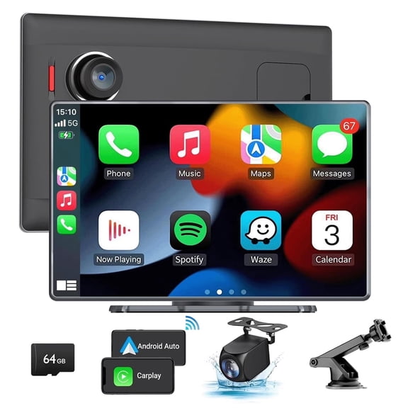 MHCABSR 9-Inch Wireless Apple Carplay Screen, IPS Touchscreen, 4K Dash Cam, 1080p Backup Camera, Siri, GPS