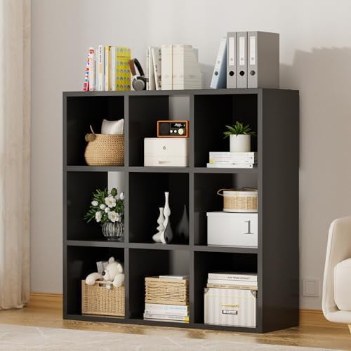 9 Wood Cube Storage Organizer with Open Back and Removable Back Panels, 11In Black Cube Storage Bookshelf, Cubicle Shelf Bookcase for Home Office Bedroom Living Room, Vertical or Horizontal