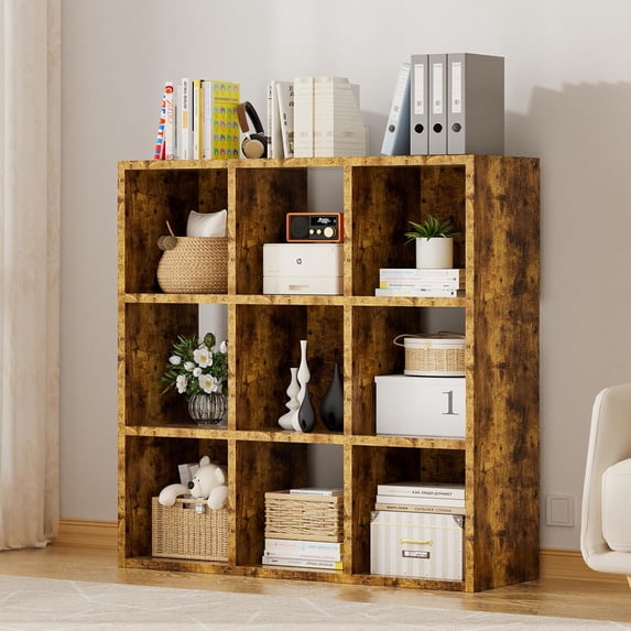9 Wood Cube Storage Organizer with Open Back and Removable Back Panels, 11In Brown Cube Storage Bookshelf, Cubicle Shelf Bookcase for Home Office Bedroom Living Room, Vertical or Horizontal