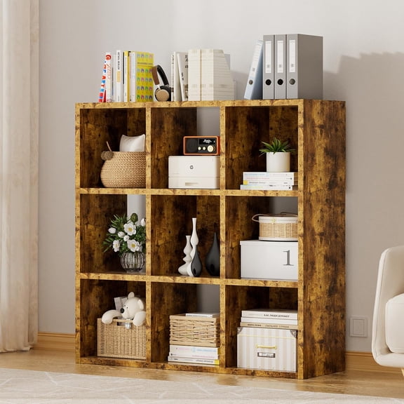 9 Wood Cube Storage Organizer with Open Back and Removable Back Panels, 11In Brown Cube Storage Bookshelf, Cubicle Shelf Bookcase for Home Office Bedroom Living Room, Vertical or Horizontal