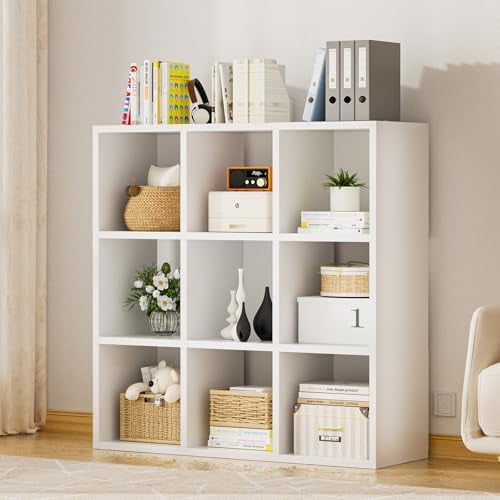 9 Wood Cube Storage Organizer with Open Back and Removable Back Panels, 11In White Cube Storage Bookshelf, Cubicle Shelf Bookcase for Home Office Bedroom Living Room, Vertical or Horizontal