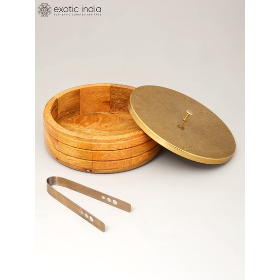 9" Wooden Chapati Box with Brass Lid and Kitchen Tong
