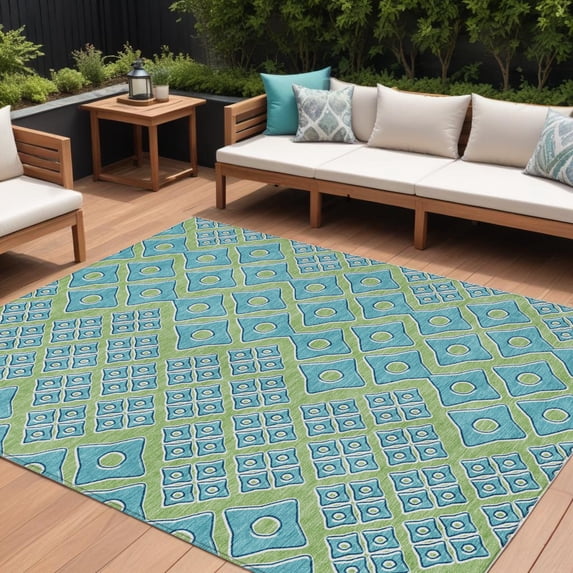 9' X 12' Artichoke Green And Aqua Geometric Washable Indoor Outdoor Area Rug