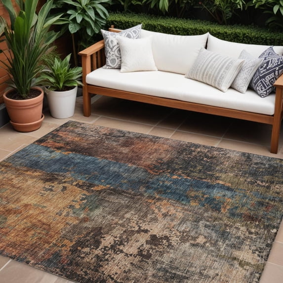 HomeRoots 606060 9 x 12 ft. Blue, Copper & Brown Abstract Washable Indoor & Outdoor Rectangle Area Rug