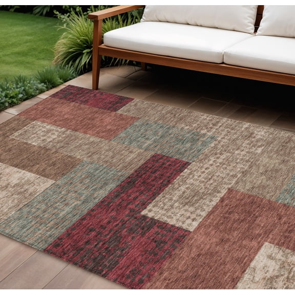 HomeRoots 612440 9 x 12 ft. Brown & Terra Cotta Geometric Washable Indoor & Outdoor Rectangle Area Rug