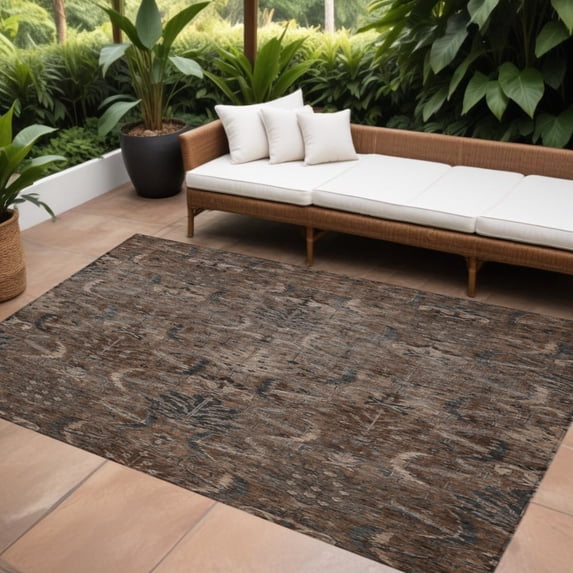 HomeRoots 603315 9 x 12 ft. Brown, Tan & Charcoal Damask Washable Indoor & Outdoor Rectangle Area Rug