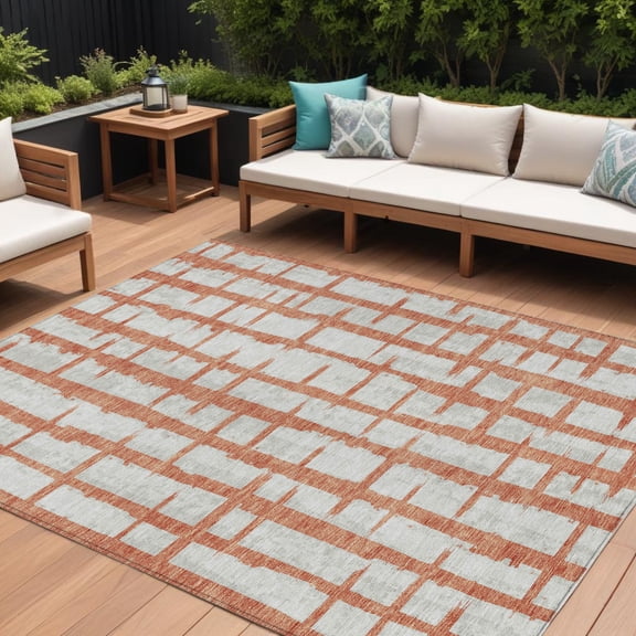 9' X 12' Coral And Gray Striped Washable Indoor Outdoor Area Rug
