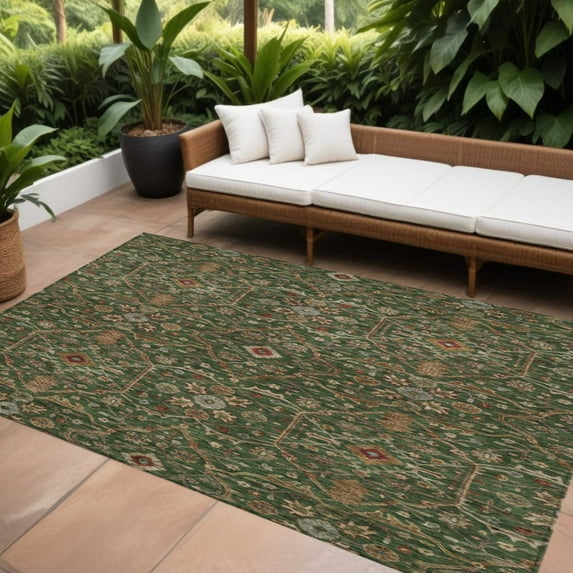 HomeRoots 604593 9 x 12 ft. Emerald, Brown & Red Floral Washable Indoor & Outdoor Rectangle Area Rug