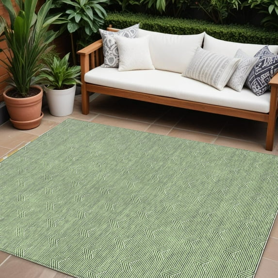 9' X 12' Green And Beige Geometric Washable Indoor Outdoor Area Rug