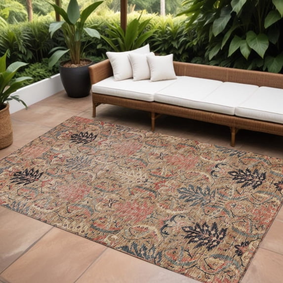 HomeRoots 603321 9 x 12 ft. Khaki, Terra Cotta & Black Damask Washable Indoor & Outdoor Rectangle Area Rug