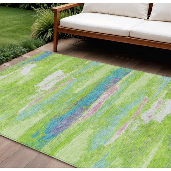 HomeRoots 612519 9 x 12 ft. Lime Green & Sky Blue Abstract Washable Indoor & Outdoor Rectangle Area Rug