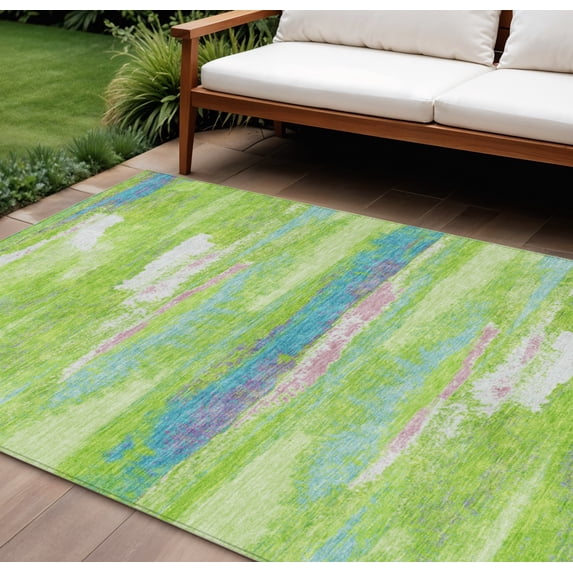 HomeRoots 612519 9 x 12 ft. Lime Green & Sky Blue Abstract Washable Indoor & Outdoor Rectangle Area Rug