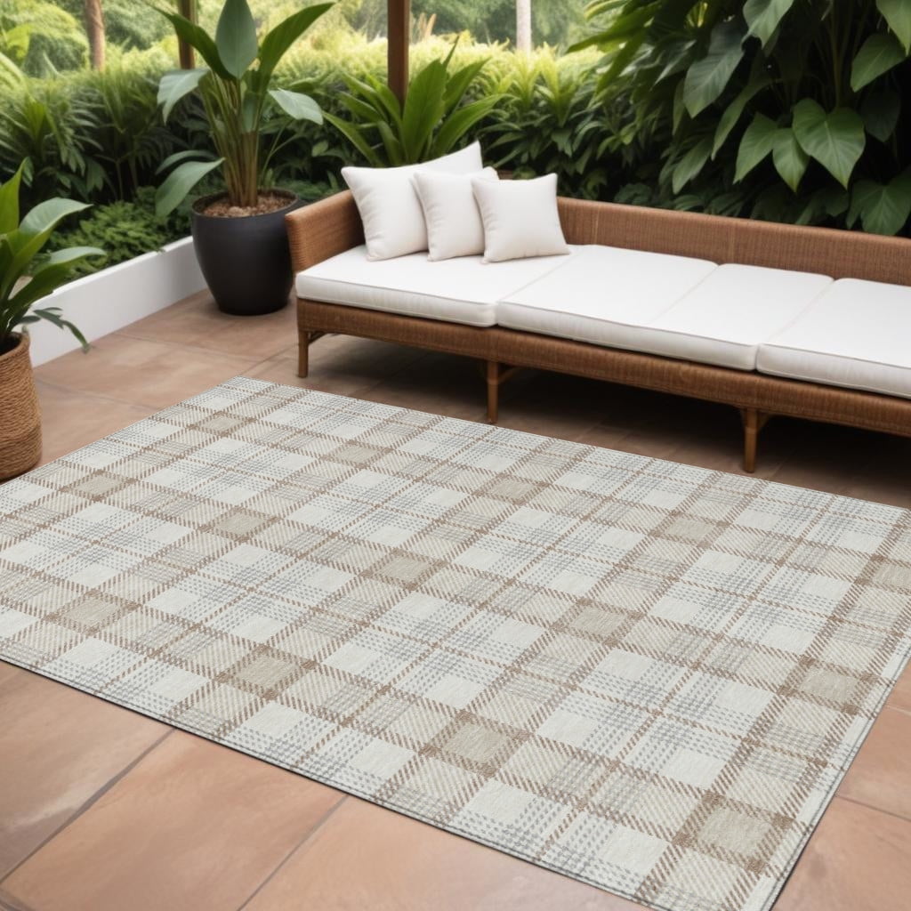 9' X 12' Linen And Brown Plaid Washable Indoor Outdoor Area Rug