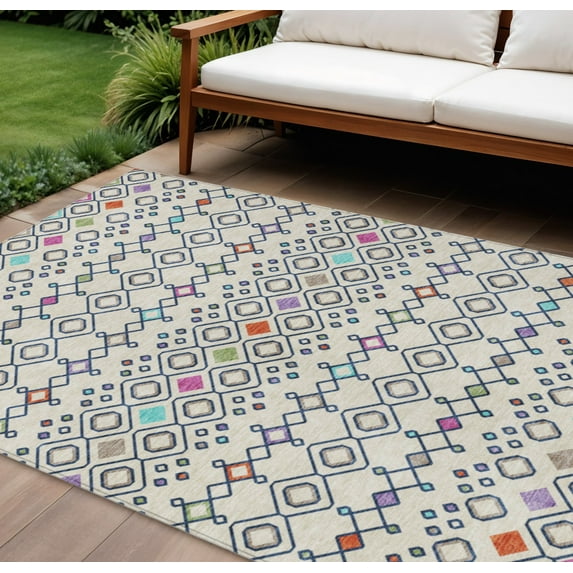 HomeRoots 612194 9 x 12 ft. Linen Pink & Orange Geometric Washable Indoor & Outdoor Rectangle Area Rug