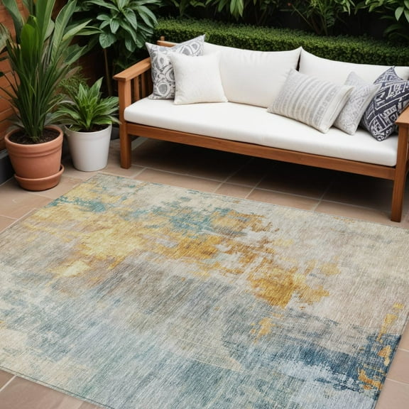 HomeRoots 605522 9 x 12 ft. Linen Teal Blue & Copper Abstract Washable Indoor & Outdoor Rectangle Area Rug