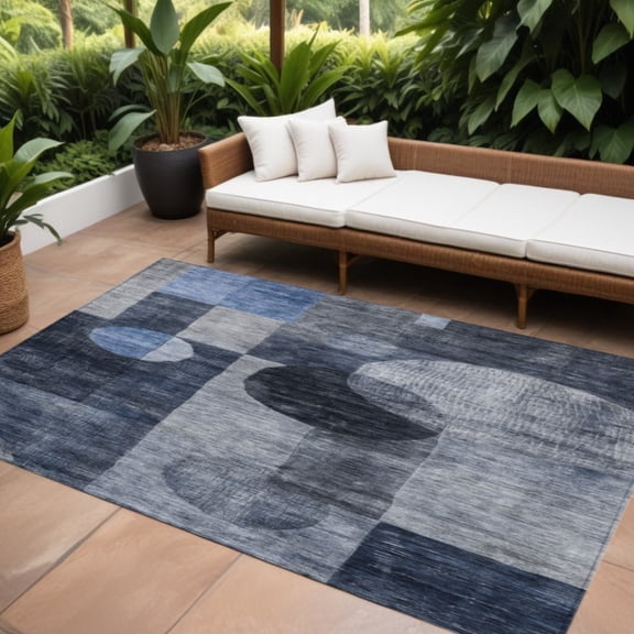 HomeRoots 604334 9 x 12 ft. Navy Blue, Gray & Charcoal Geometric Washable Indoor & Outdoor Rectangle Area Rug