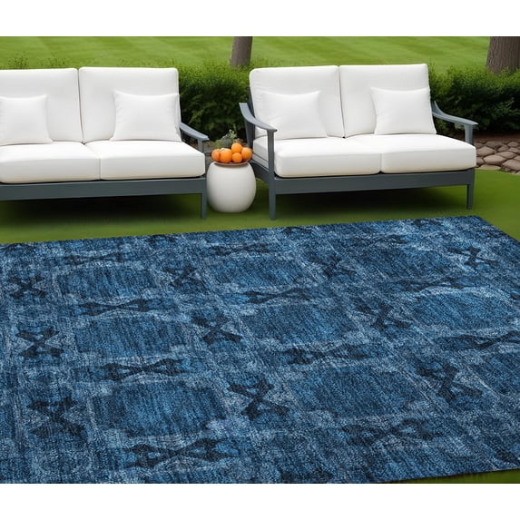 9' X 12' Navy and Gray Floral Medallion Washable Non Skid Indoor Outdoor Area Rug