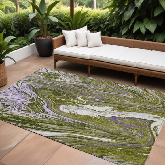 HomeRoots 602651 9 x 12 ft. Olive Green, Purple & Beige Abstract Washable Indoor & Outdoor Rectangle Area Rug