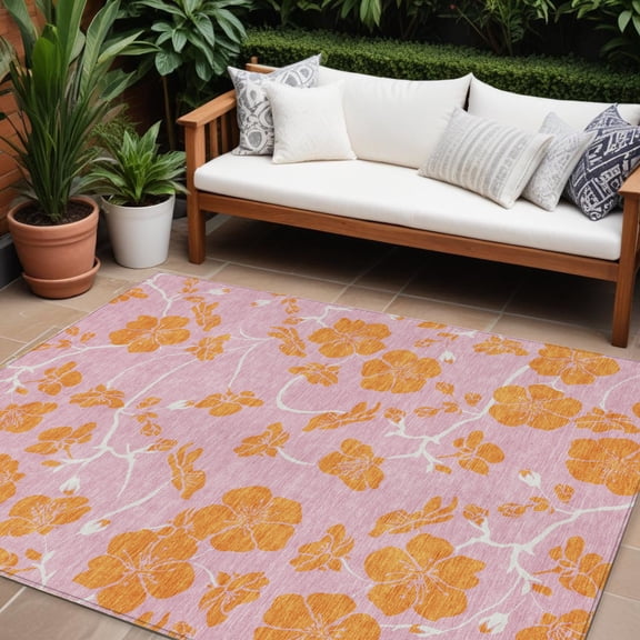 HomeRoots 600040 9 x 12 ft. Pink & Copper Floral Washable Indoor & Outdoor Rectangle Area Rug