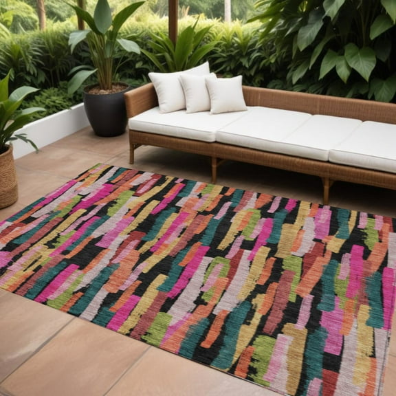 HomeRoots 603231 9 x 12 ft. Pink, Black & Green Striped Washable Indoor & Outdoor Rectangle Area Rug