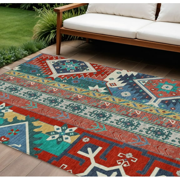 9' X 12' Red Pink And Teal Blue Aztec Washable Indoor Outdoor Area Rug