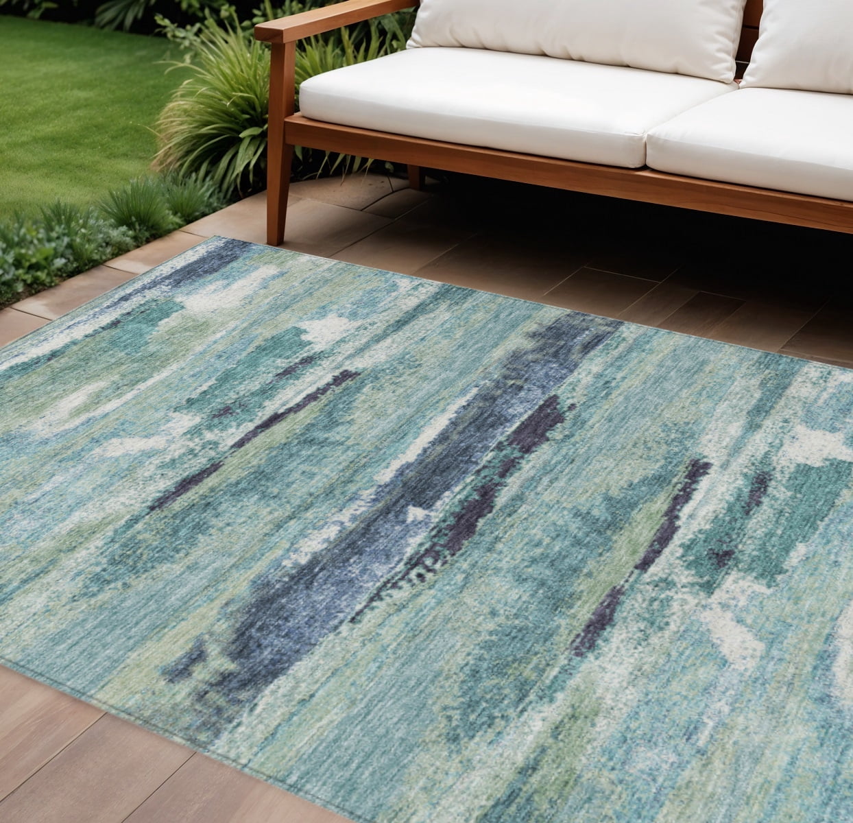 HomeRoots 612483 9 x 12 ft. Sage, Teal Blue & Navy Blue Abstract Washable Indoor & Outdoor Rectangle Area Rug
