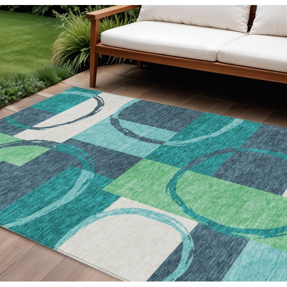 HomeRoots 612597 9 x 12 ft. Teal Blue & Green Geometric Washable Indoor & Outdoor Rectangle Area Rug