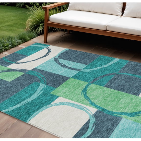 HomeRoots 612597 9 x 12 ft. Teal Blue & Green Geometric Washable Indoor & Outdoor Rectangle Area Rug