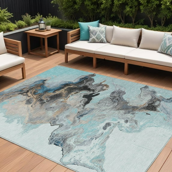 HomeRoots 617834 9 x 12 ft. Teal Blue, Gold & Gray Abstract Washable Indoor & Outdoor Rectangle Area Rug