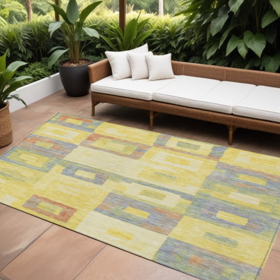 HomeRoots 605059 9 x 12 ft. Yellow, Blue & Terra Cotta Geometric Washable Indoor & Outdoor Rectangle Area Rug
