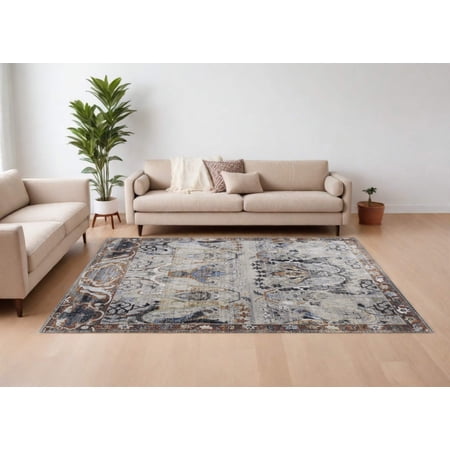 9' X 13' Gray Black and Red Ikat Power Loom Area Rug