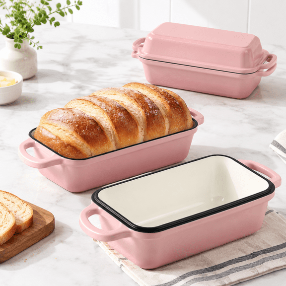 9 X 5 Inch Bread Pan Enameled Cast Iron Loaf With Lid For Baking Pink