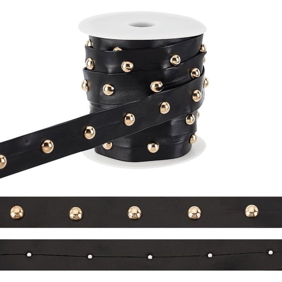 9 Yards(8.2m) PU Leathers Lace with Rivet 0.8inch Wide Black Studded Beading String Gothic Leathers Trim with Brass Round Stud Punk Suede Cord Rope with Spool for DIY Sewing Crafting DIY