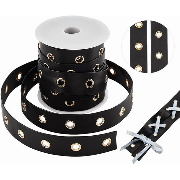 9 Yards Eyelet Trim with Grommets 24mm Black Imitation Leather Eyelet Grommet Tape with 6mm Golden Metal Hole Ring Eyelet Twill Trim for Sewing Garment Corset Dress Skirt Jacket Shoes