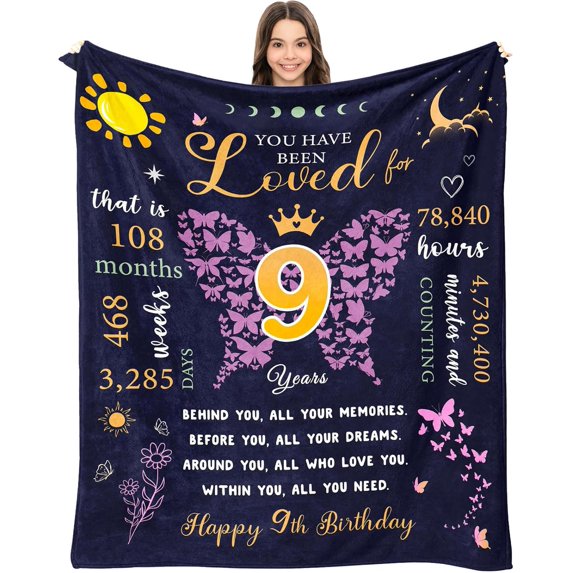 9 Year Old Girl Birthday Gifts Blanket 60 x 50 inch, Best Presents for 9 Year Old Girl, Nine Year Old Girl Gifts, 9 Yr Old Girl Birthday Gift Ideas, Birthday Gifts for Girls Age 9
