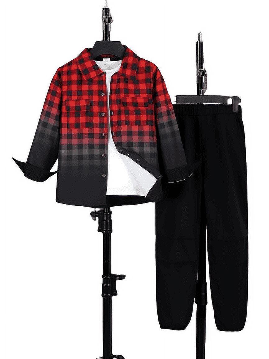 9 Years Big Boys Outfits 10 Years Kid Boys 2PCS Fall Winter Clothing Long Sleeve Plaid Gradient Top Jogger Pants Set Red and Black