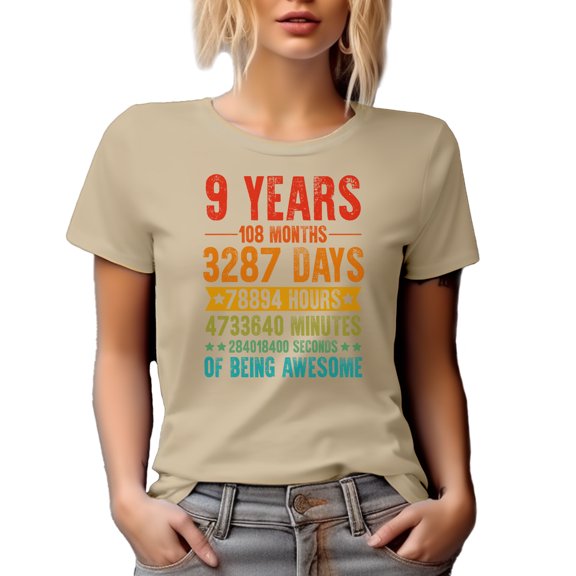 9 Years of Being Awesome, Anniversary Celebration, Tan T-Shirt, Medium