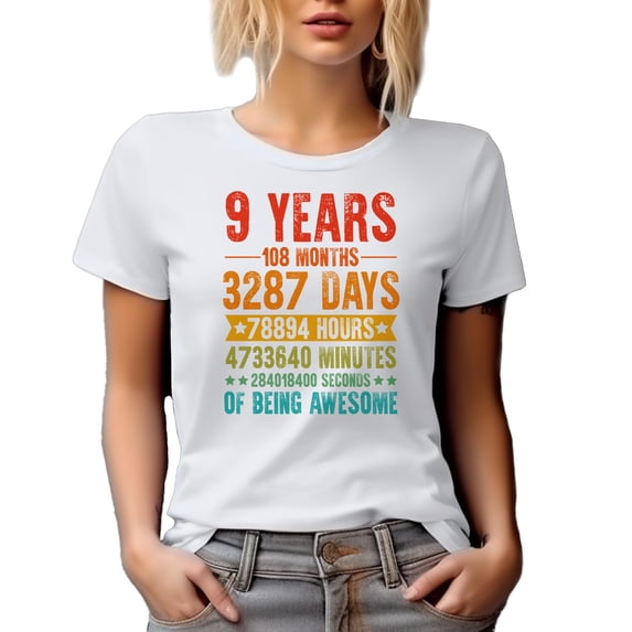 9 Years of Being Awesome, Anniversary Celebration, White T-Shirt, Small